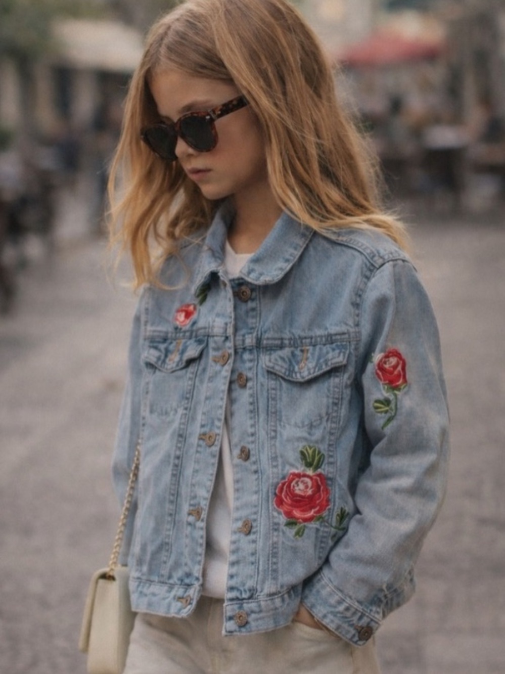 Girls Route 66 Light Blue Jean Jacket with Red Floral Embroidery (size 10/12)